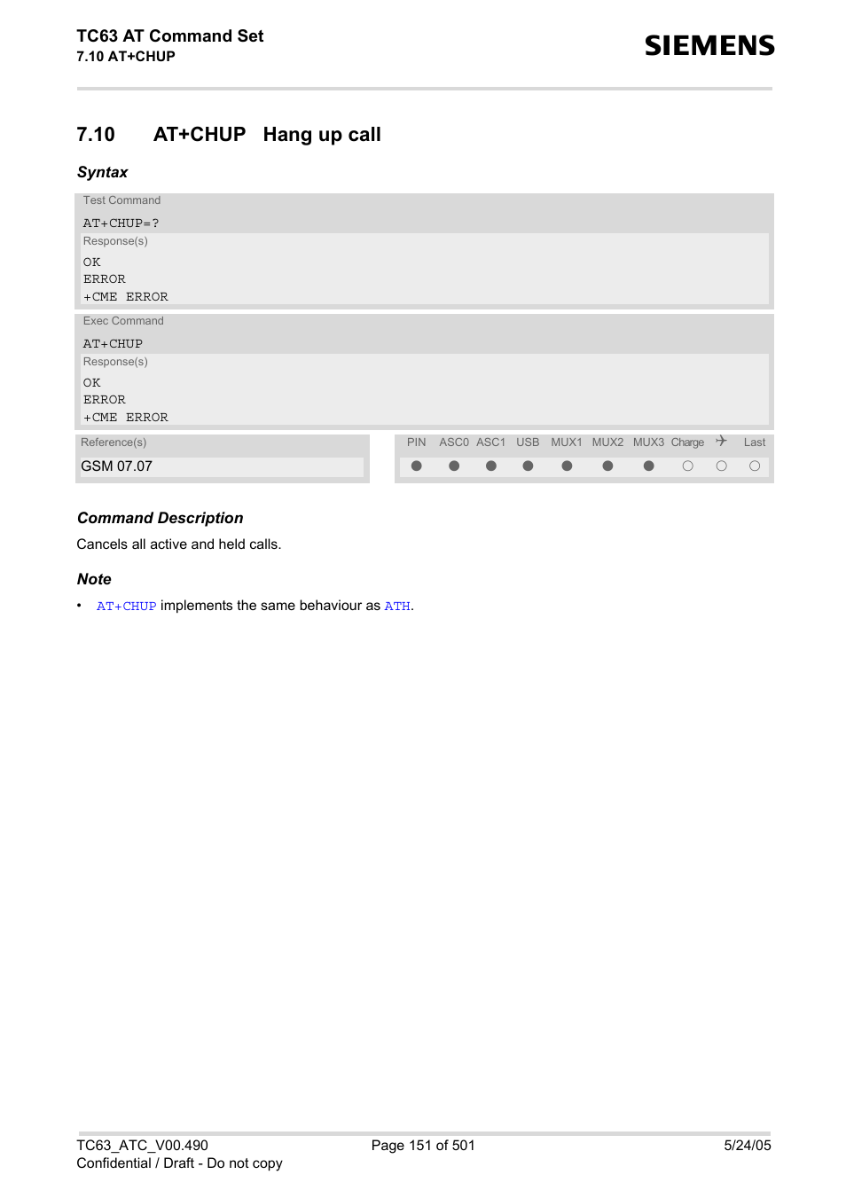 10 at+chup hang up call, Tc63 at command set | Siemens TC63 User Manual | Page 151 / 501