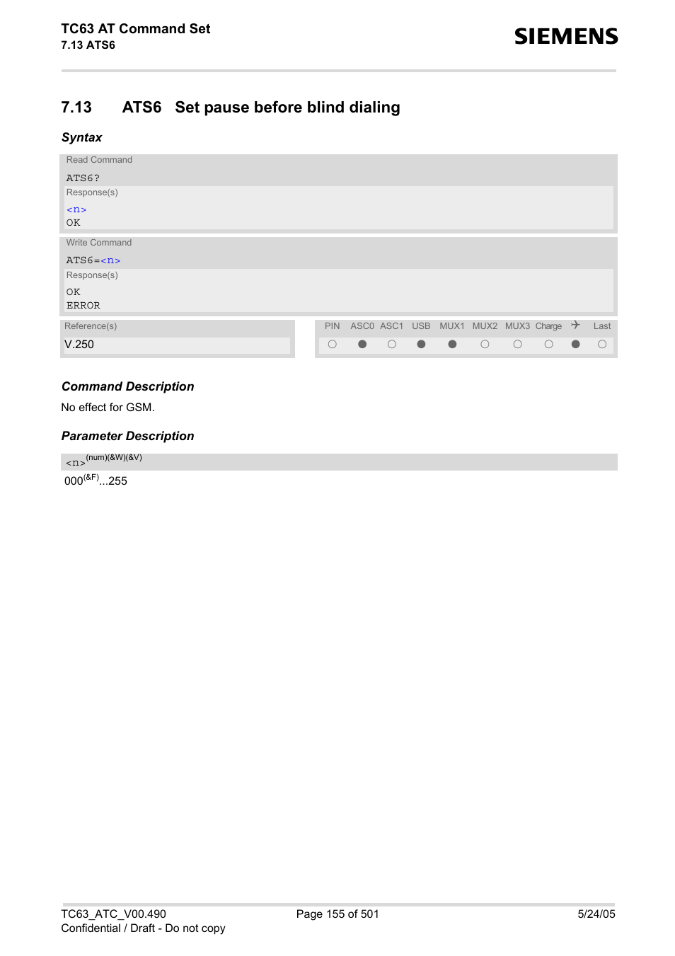 13 ats6 set pause before blind dialing, Ats6, Tc63 at command set | Siemens TC63 User Manual | Page 155 / 501