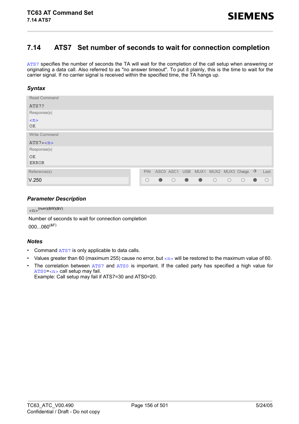 Ats7, Tc63 at command set | Siemens TC63 User Manual | Page 156 / 501