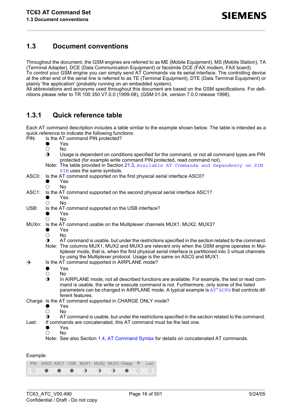 3 document conventions, 1 quick reference table, Document conventions | Quick reference table, Tc63 at command set | Siemens TC63 User Manual | Page 16 / 501