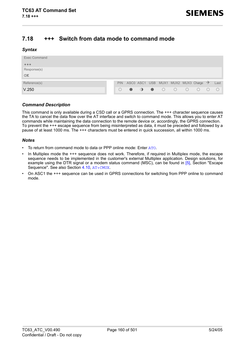 18 +++ switch from data mode to command mode, With, The p | Mode, Tc63 at command set | Siemens TC63 User Manual | Page 160 / 501