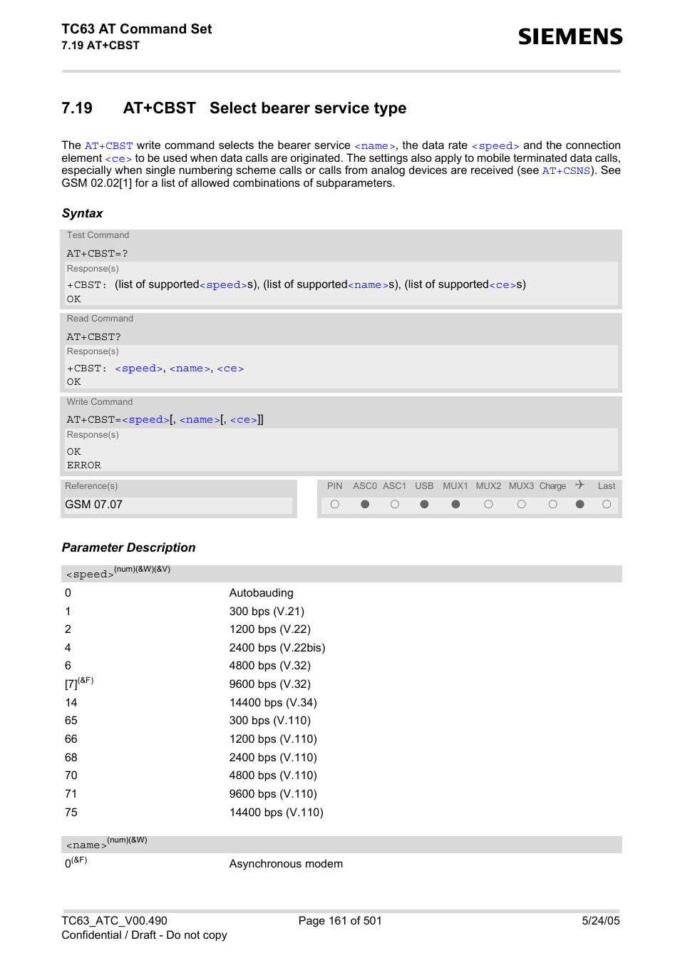 19 at+cbst select bearer service type, At+cbst, Tc63 at command set | Siemens TC63 User Manual | Page 161 / 501