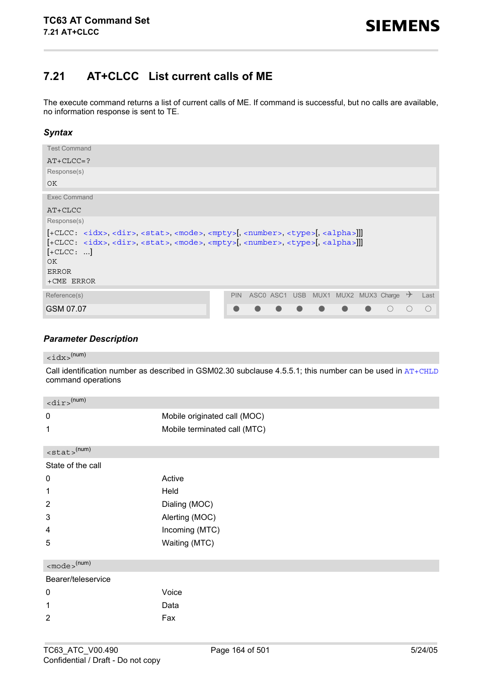 21 at+clcc list current calls of me, At+clcc, Layed with | Ble via, Tc63 at command set | Siemens TC63 User Manual | Page 164 / 501