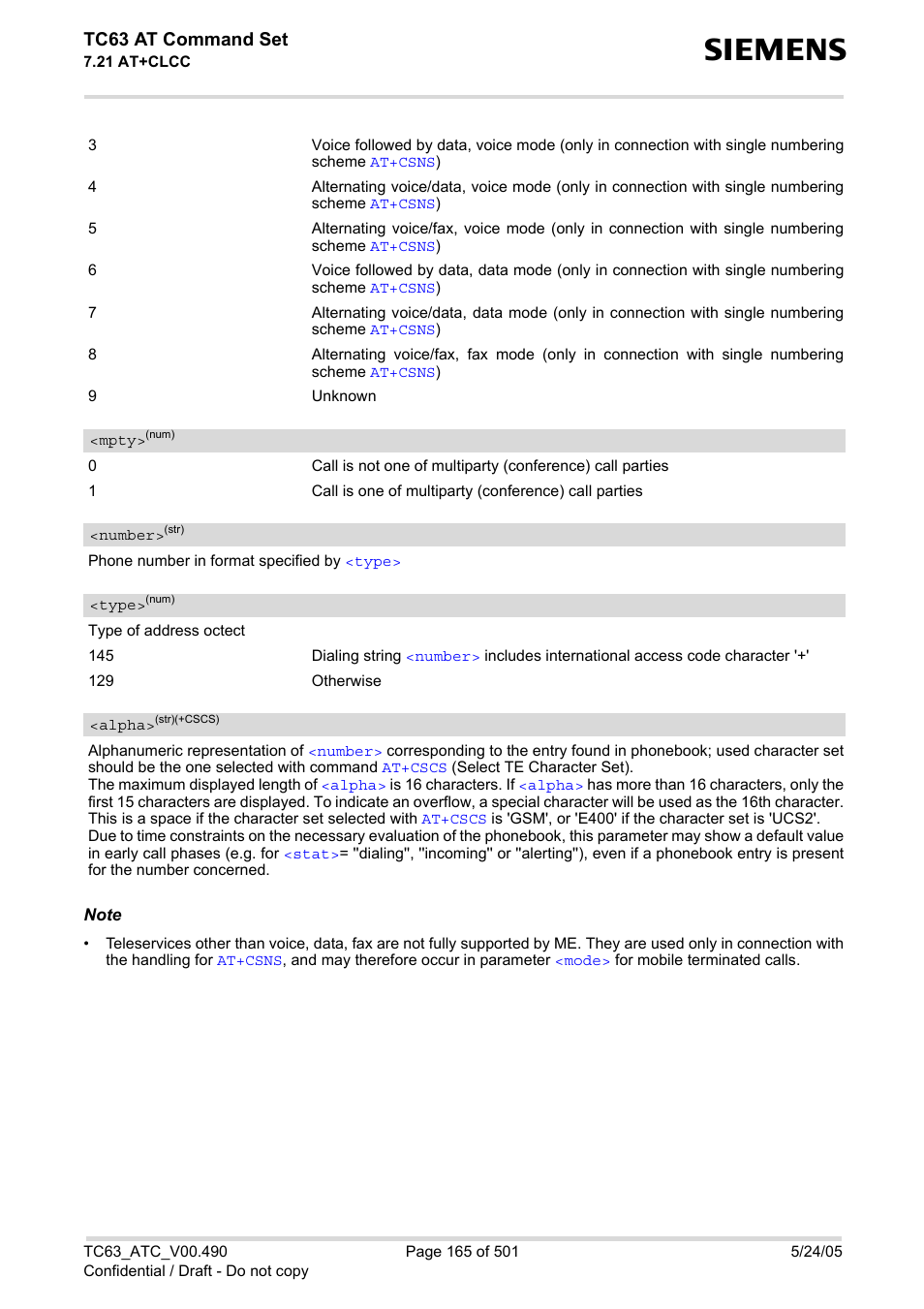 Mpty, Number, Type | Alpha, Tc63 at command set | Siemens TC63 User Manual | Page 165 / 501