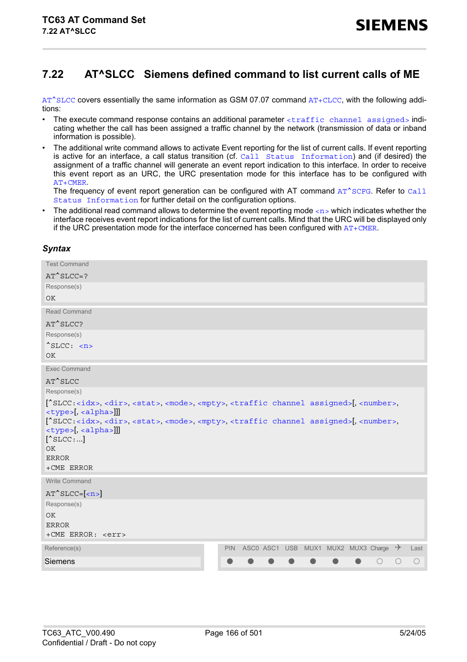 See also, At^slcc, If configured with | Tc63 at command set | Siemens TC63 User Manual | Page 166 / 501