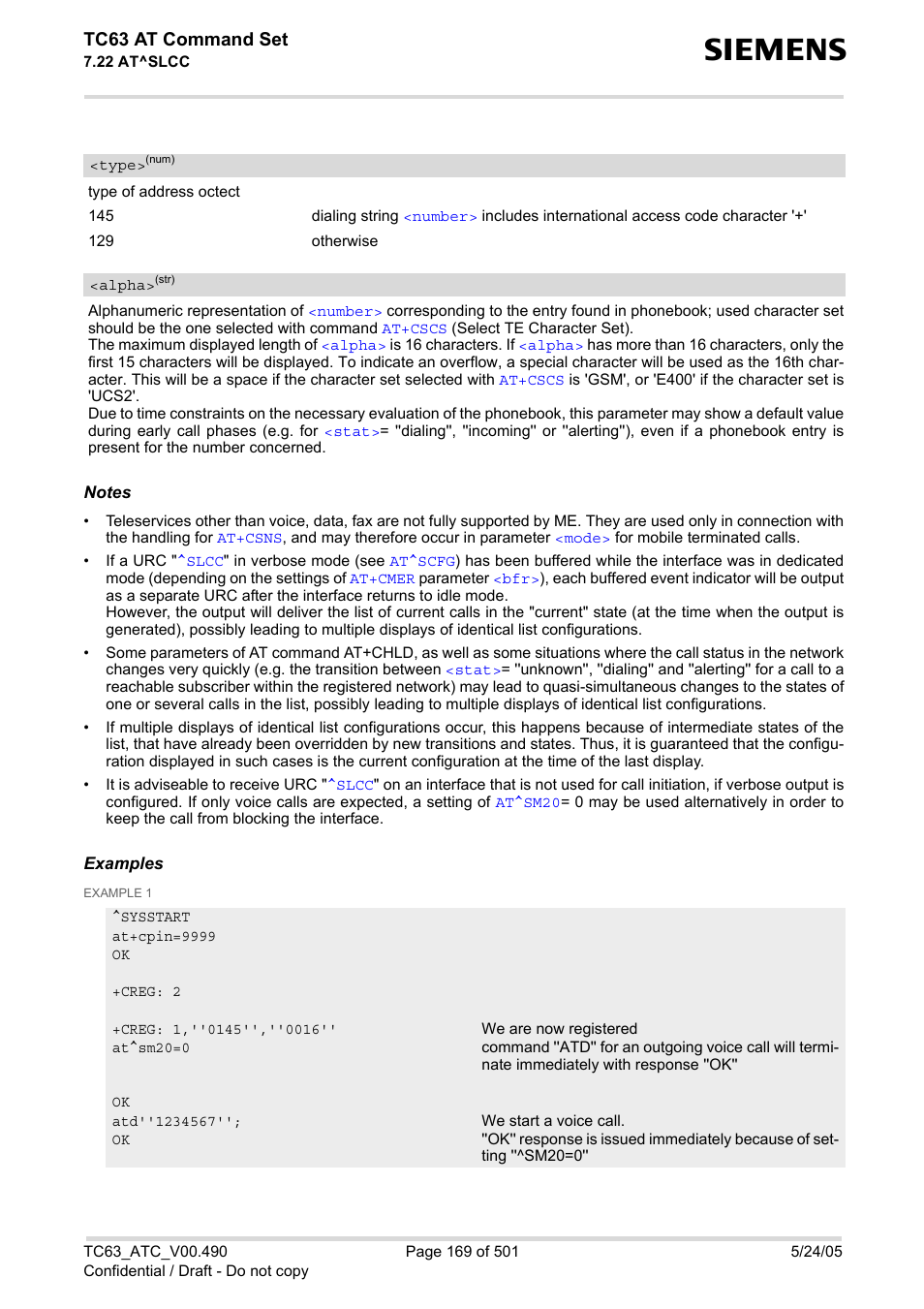 Type, Alpha, Tc63 at command set | Siemens TC63 User Manual | Page 169 / 501