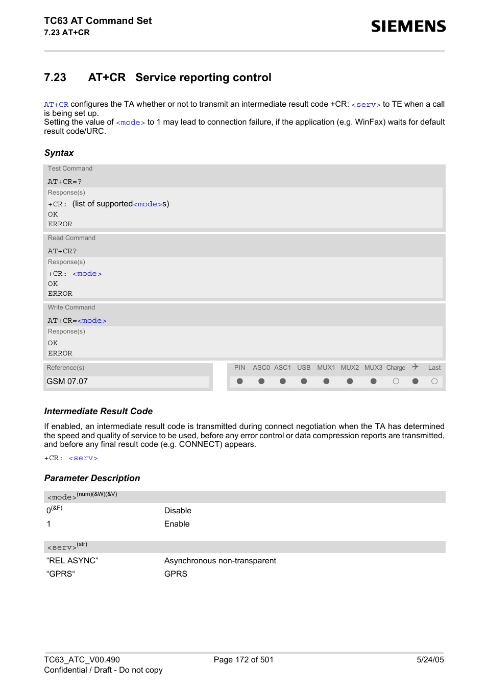 23 at+cr service reporting control, Tc63 at command set | Siemens TC63 User Manual | Page 172 / 501