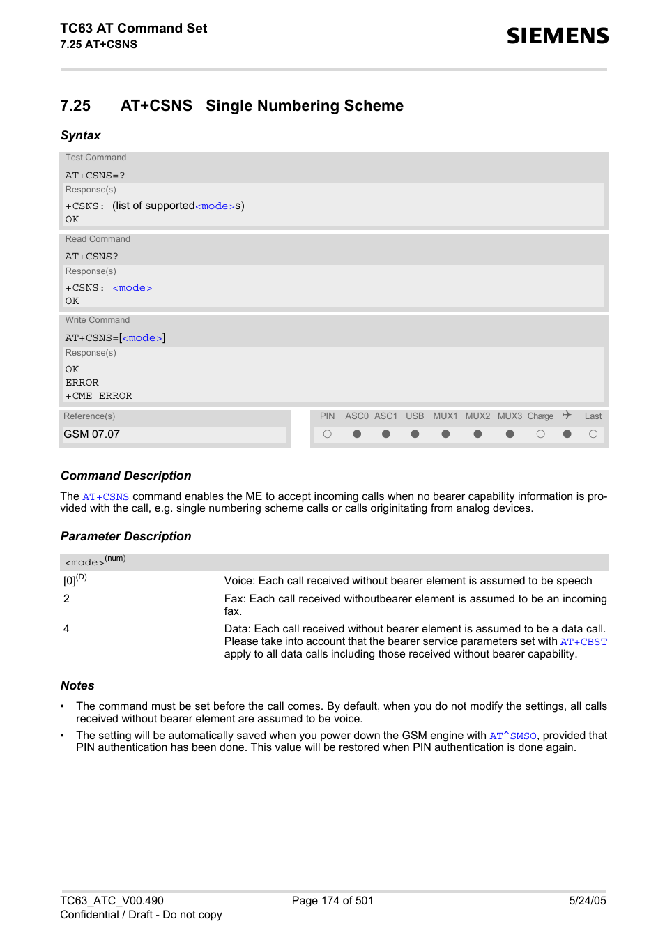 25 at+csns single numbering scheme, At+csns, Tc63 at command set | Siemens TC63 User Manual | Page 174 / 501