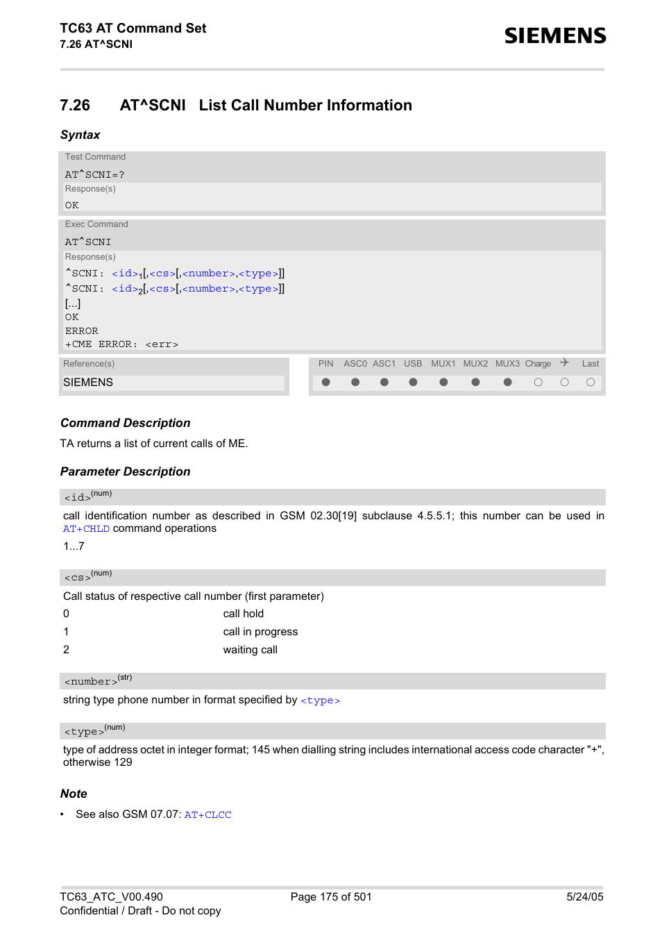 26 at^scni list call number information, At^scni, Tc63 at command set | Siemens TC63 User Manual | Page 175 / 501