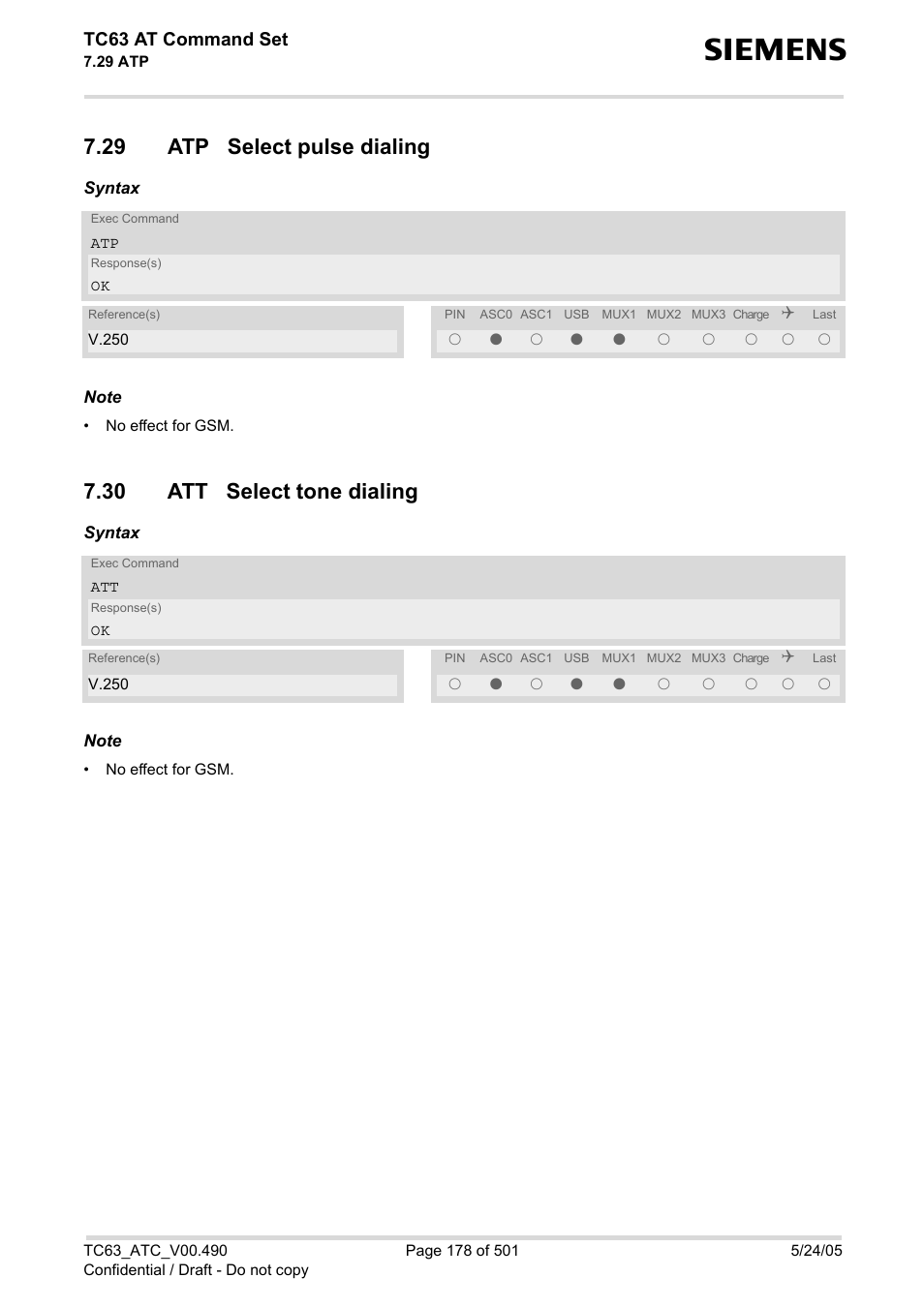 29 atp select pulse dialing, 30 att select tone dialing, Tc63 at command set | Siemens TC63 User Manual | Page 178 / 501