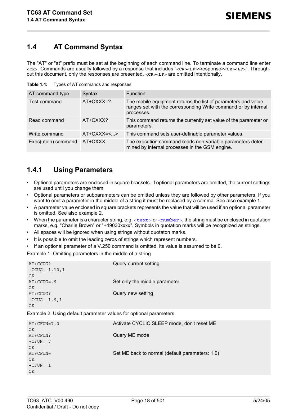 4 at command syntax, 1 using parameters, At command syntax | Using parameters, Table 1.4, Types of at commands and responses, For d | Siemens TC63 User Manual | Page 18 / 501