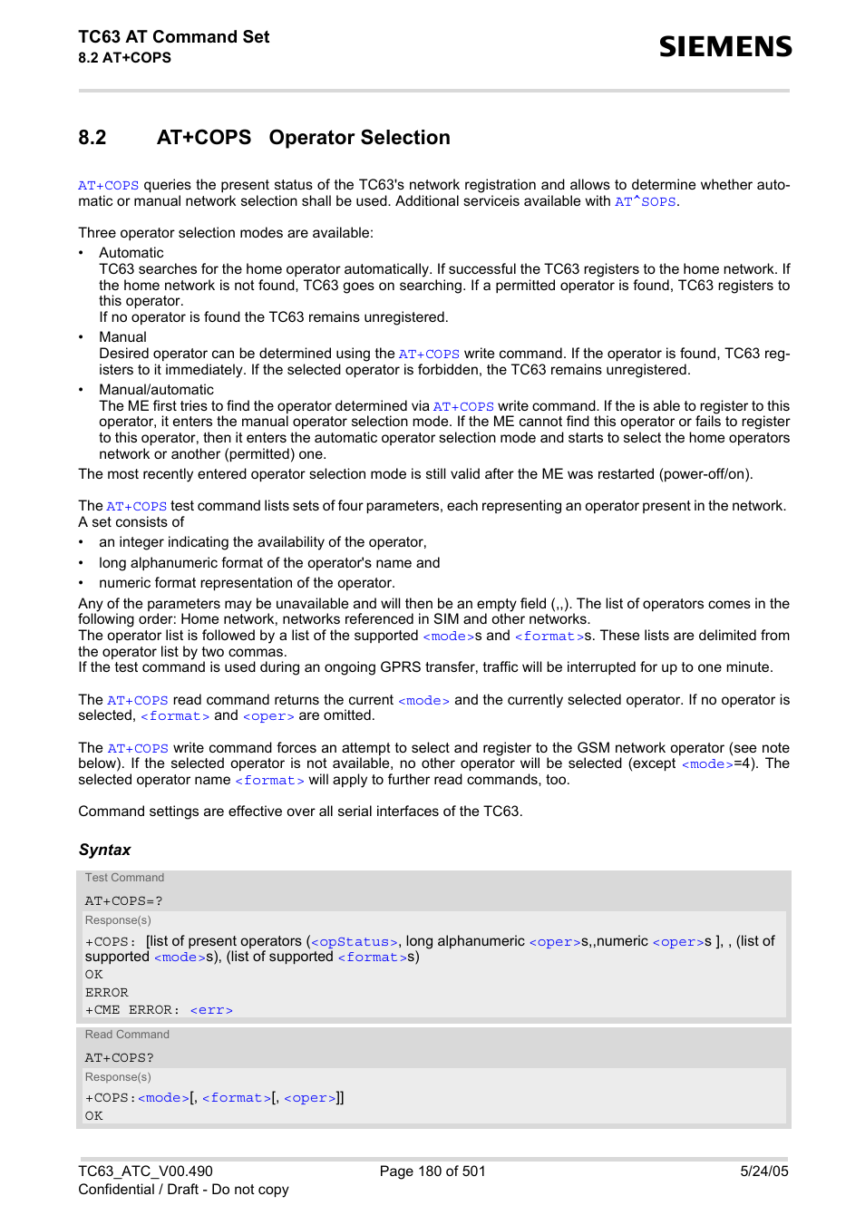 2 at+cops operator selection, At+cops operator selection, At+cops | With, Tc63 at command set | Siemens TC63 User Manual | Page 180 / 501