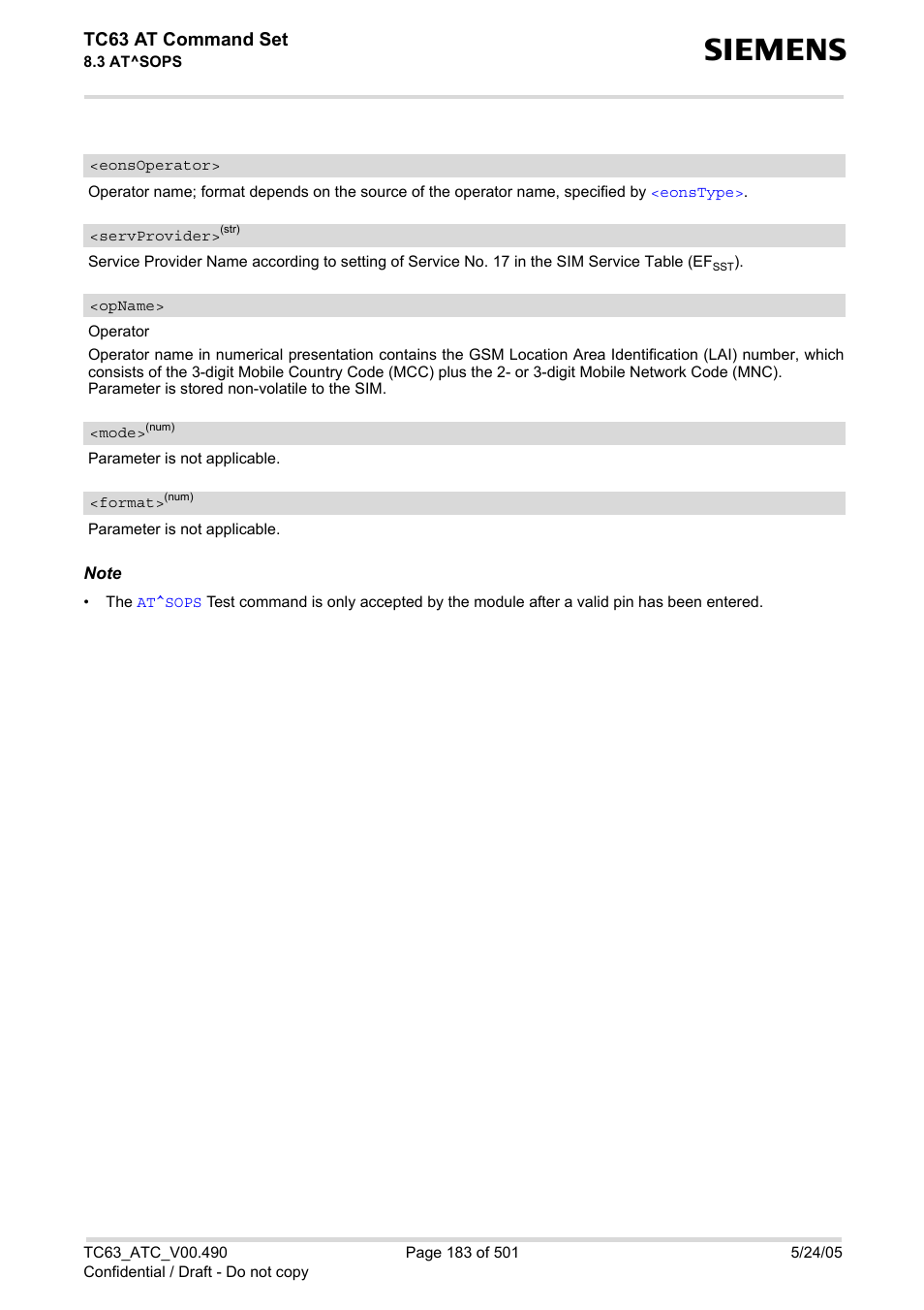 Eonsoperator, Mode, Format | Servprovider, Opname, S, (list, Tc63 at command set | Siemens TC63 User Manual | Page 183 / 501