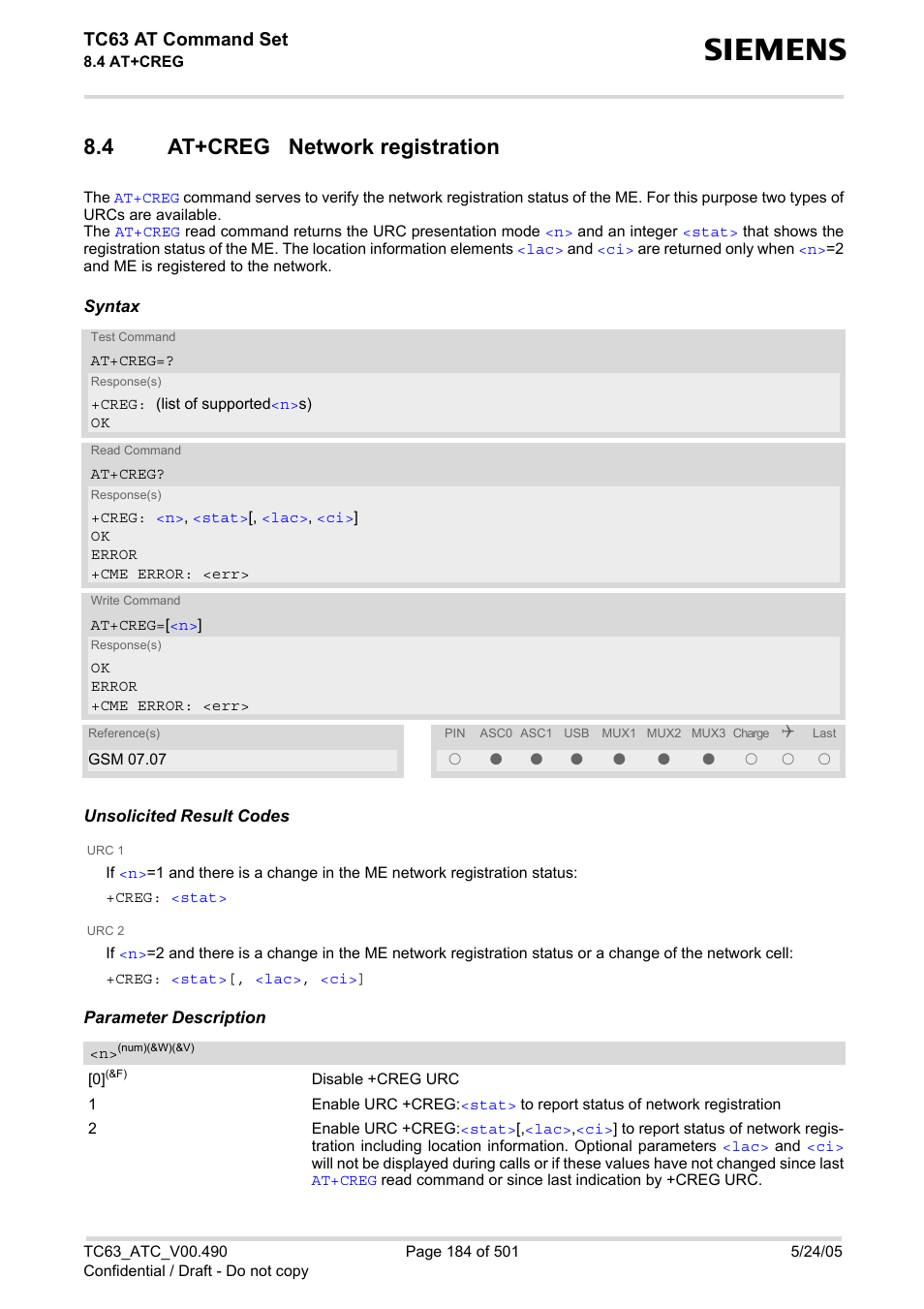 4 at+creg network registration, At+creg network registration, Creg | First, At+creg, Tc63 at command set | Siemens TC63 User Manual | Page 184 / 501