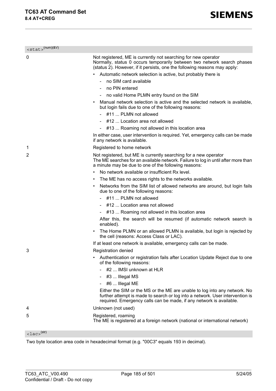 Stat, Urc +creg, Tc63 at command set | Siemens TC63 User Manual | Page 185 / 501