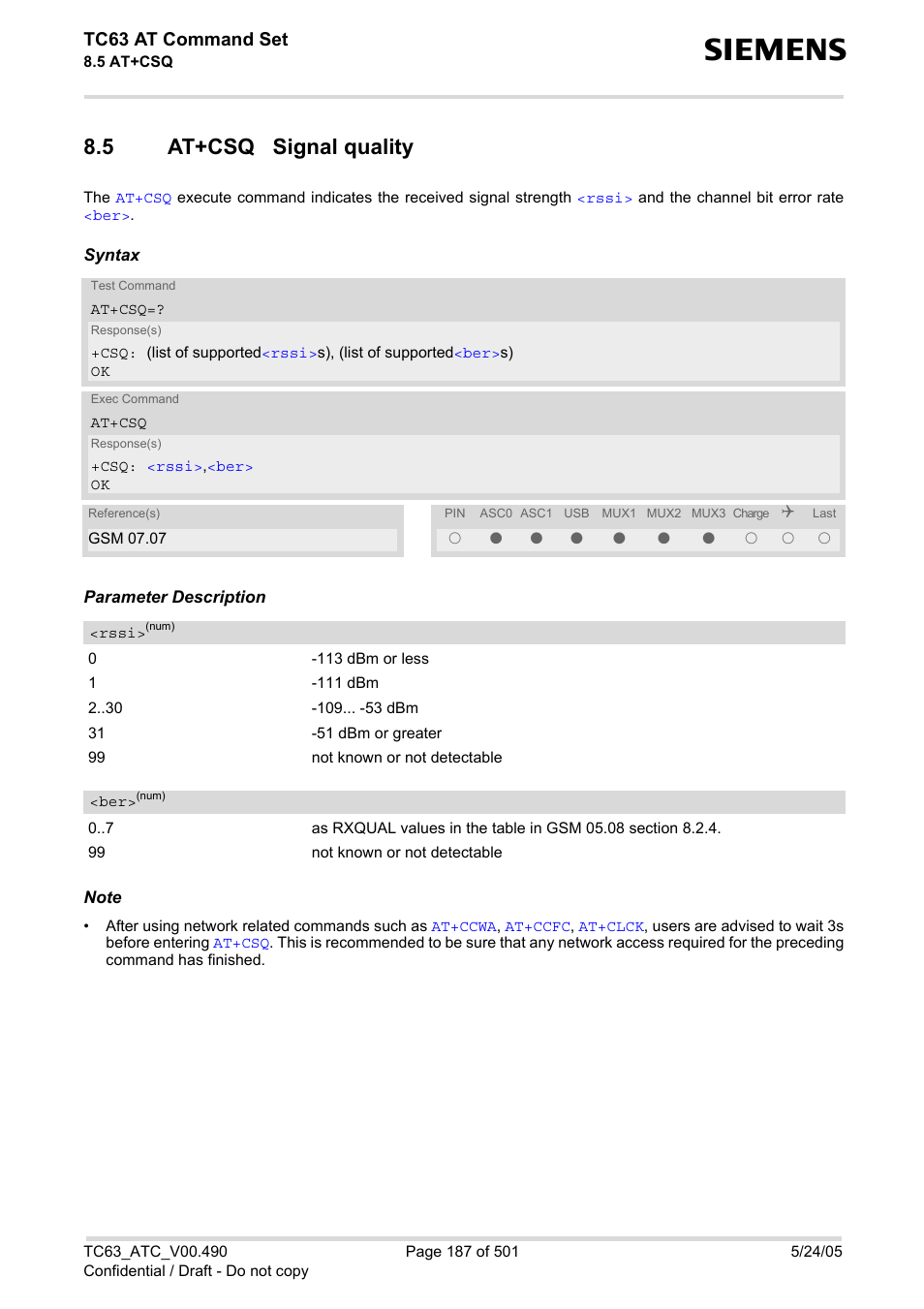 5 at+csq signal quality, At+csq signal quality, At+csq | Tc63 at command set | Siemens TC63 User Manual | Page 187 / 501