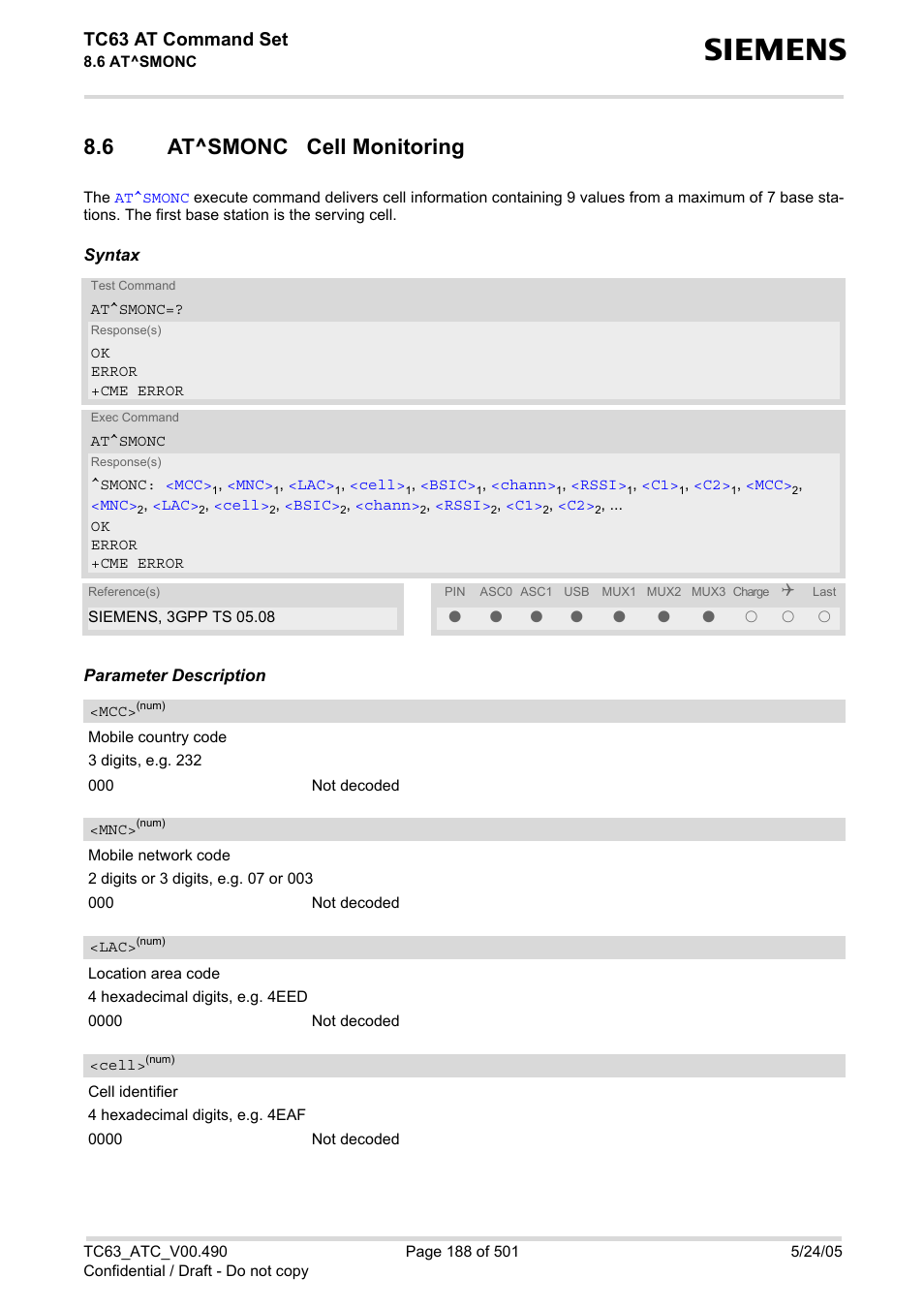 6 at^smonc cell monitoring, At^smonc cell monitoring, Tc63 at command set | Siemens TC63 User Manual | Page 188 / 501