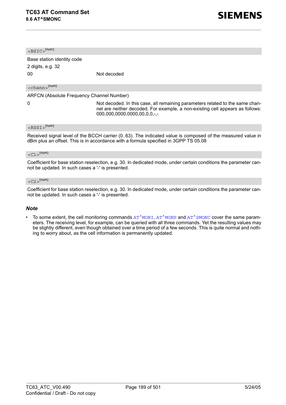 Bsic, Chann, Rssi | Tc63 at command set | Siemens TC63 User Manual | Page 189 / 501