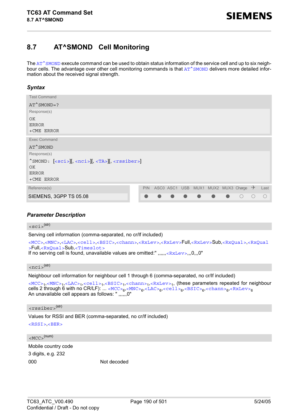7 at^smond cell monitoring, At^smond cell monitoring, Tc63 at command set | Siemens TC63 User Manual | Page 190 / 501