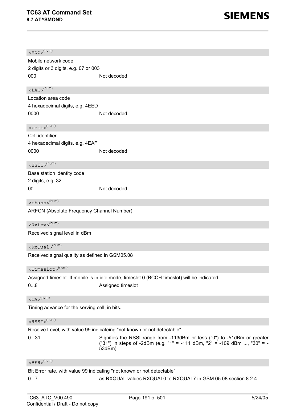 Cell, Bsic, Chann | Rxlev, Full, Rxqual, Timeslot, Rssi, Tc63 at command set | Siemens TC63 User Manual | Page 191 / 501