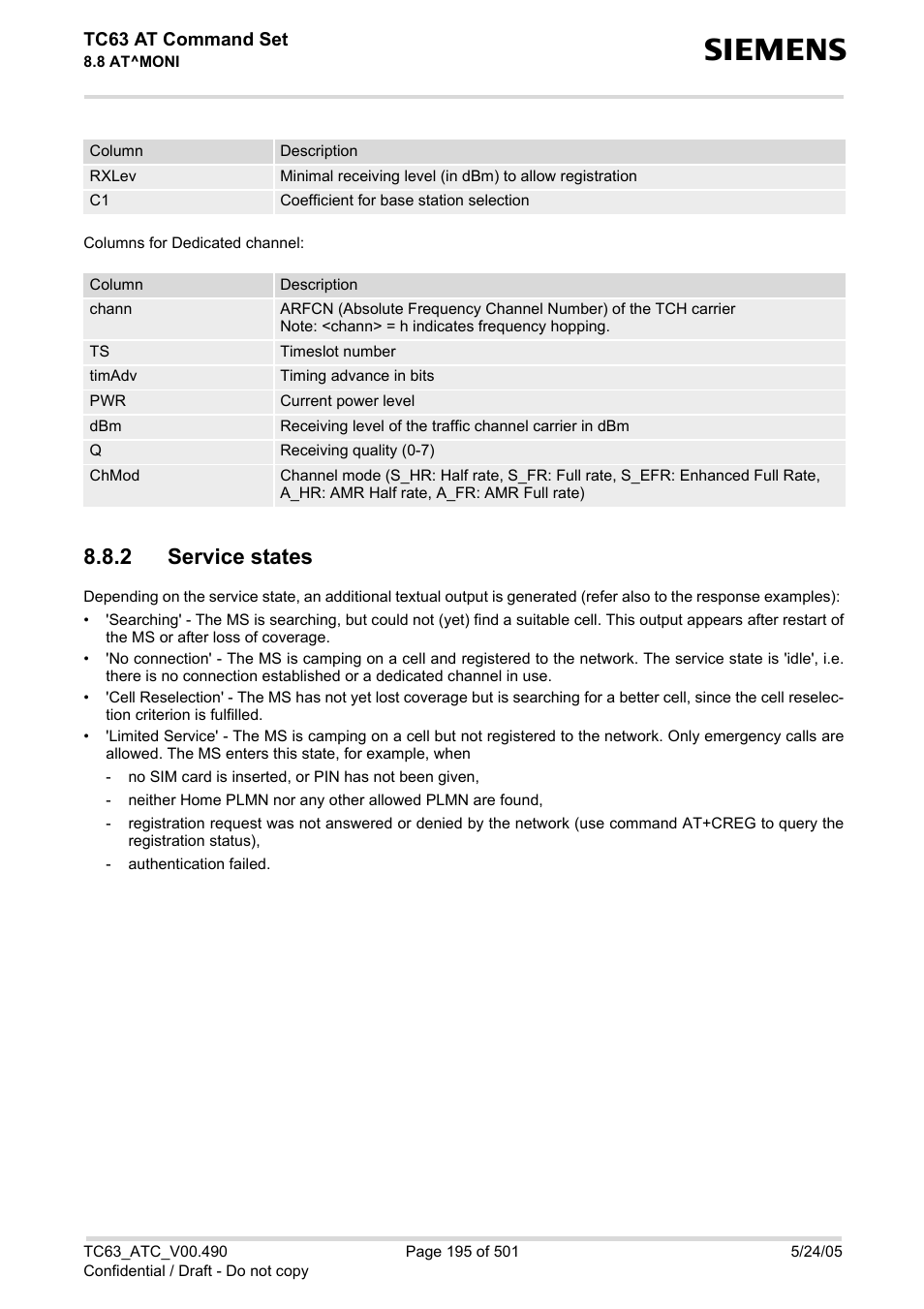 2 service states, Service states | Siemens TC63 User Manual | Page 195 / 501