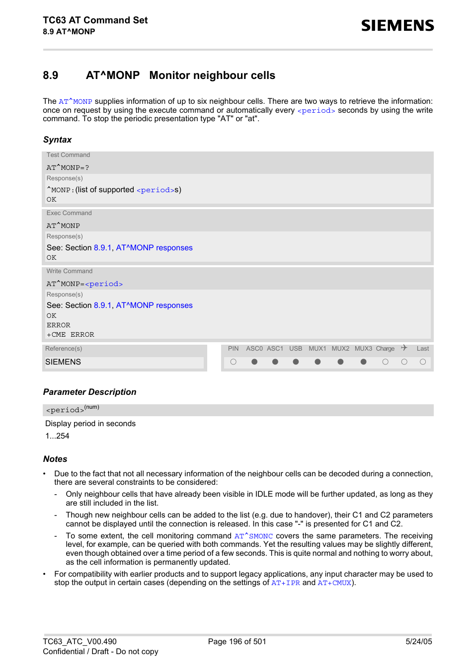 9 at^monp monitor neighbour cells, At^monp monitor neighbour cells, At^monp | Tc63 at command set | Siemens TC63 User Manual | Page 196 / 501