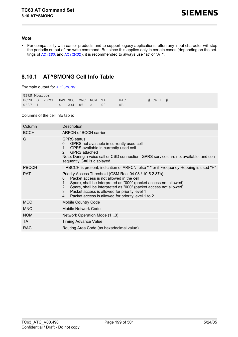 1 at^smong cell info table, Section, At^smong cell info table | Siemens TC63 User Manual | Page 199 / 501