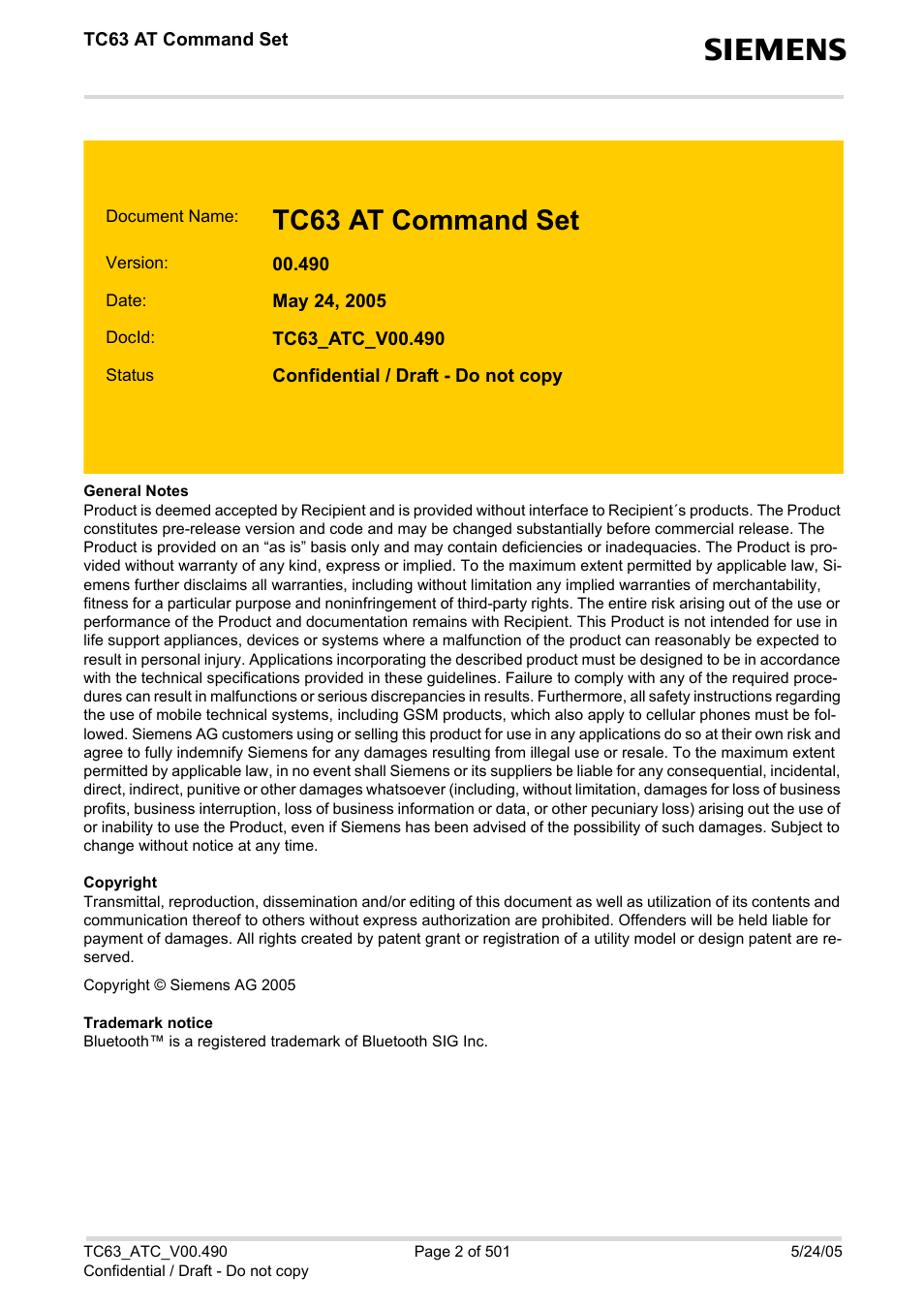 Tc63 at command set | Siemens TC63 User Manual | Page 2 / 501