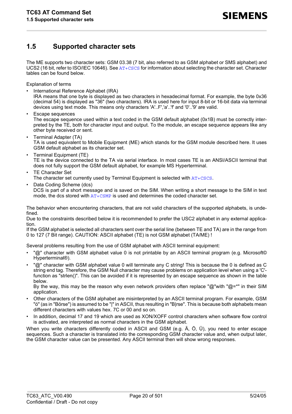 5 supported character sets, Supported character sets | Siemens TC63 User Manual | Page 20 / 501