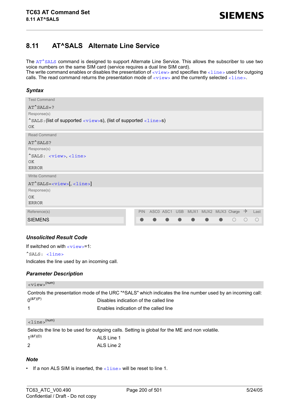 11 at^sals alternate line service, At^sals, Comma | Tc63 at command set | Siemens TC63 User Manual | Page 200 / 501