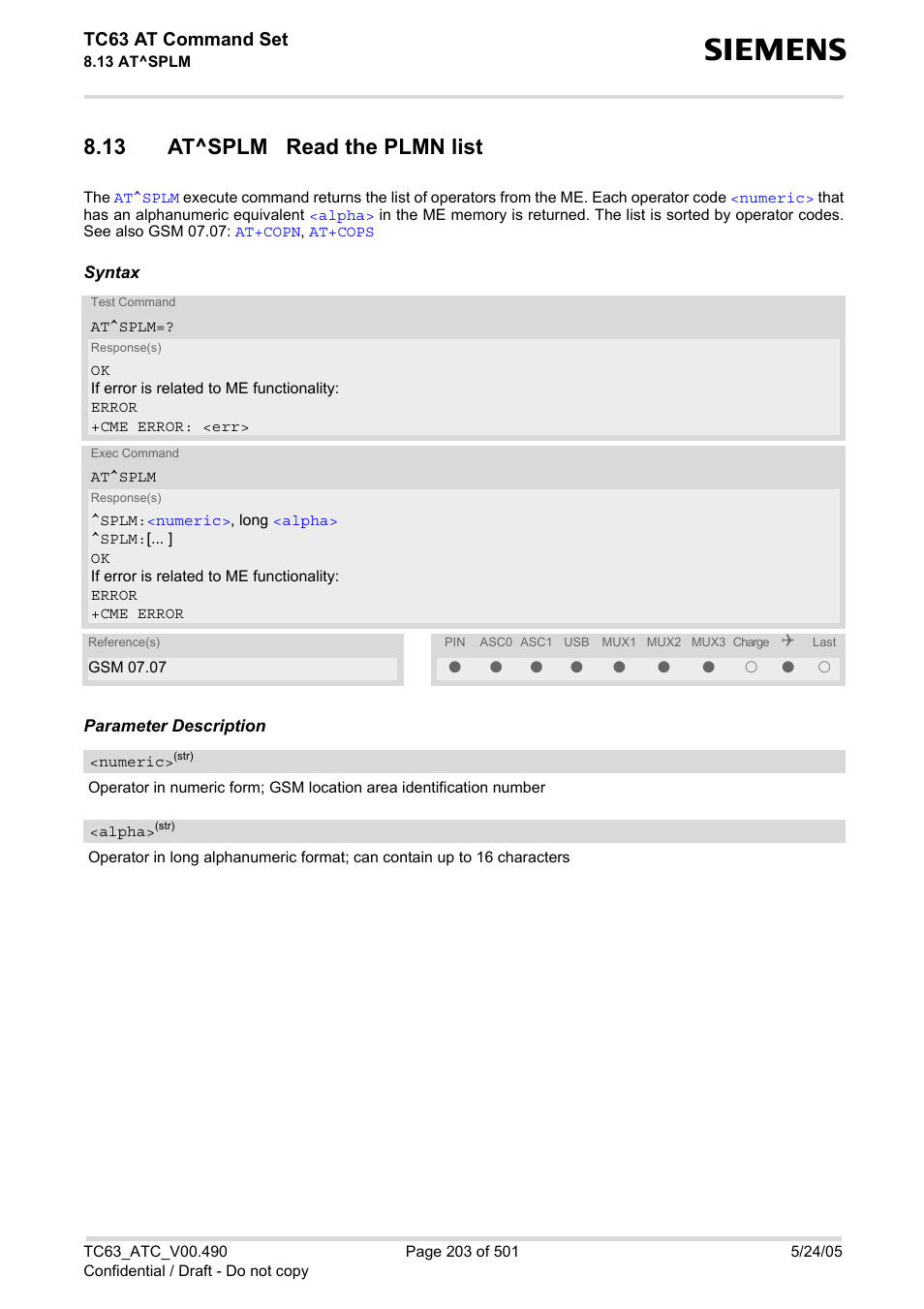 13 at^splm read the plmn list, At^splm, Tc63 at command set | Siemens TC63 User Manual | Page 203 / 501