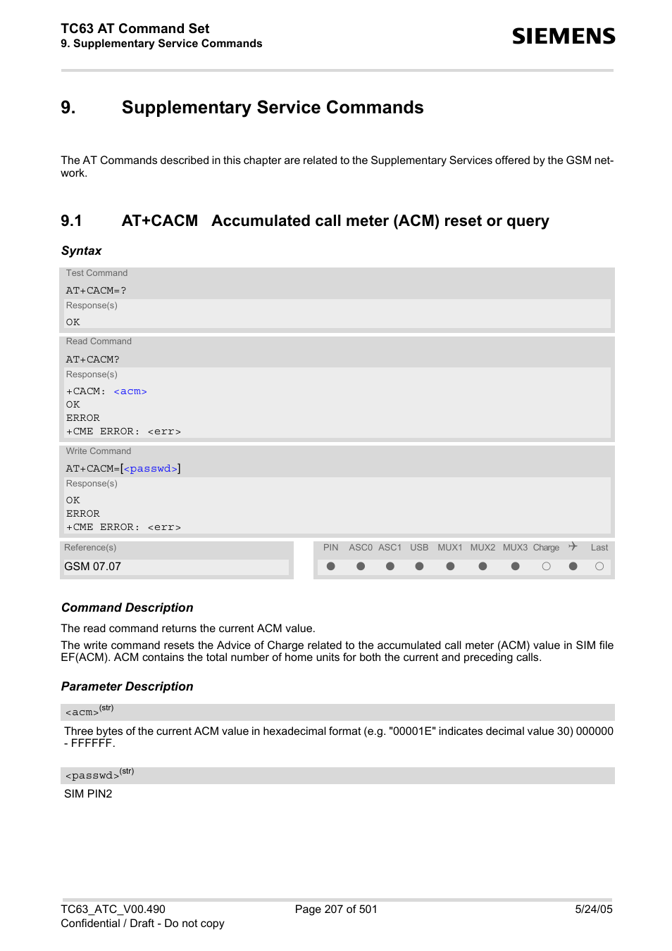 Supplementary service commands, At+cacm, Accu | Tc63 at command set | Siemens TC63 User Manual | Page 207 / 501