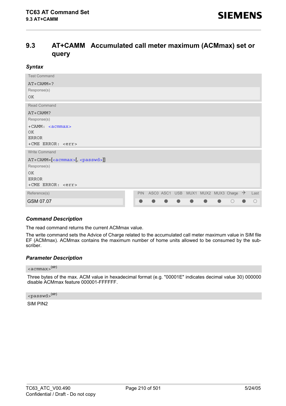 At+camm, Accu, Tc63 at command set | Siemens TC63 User Manual | Page 210 / 501