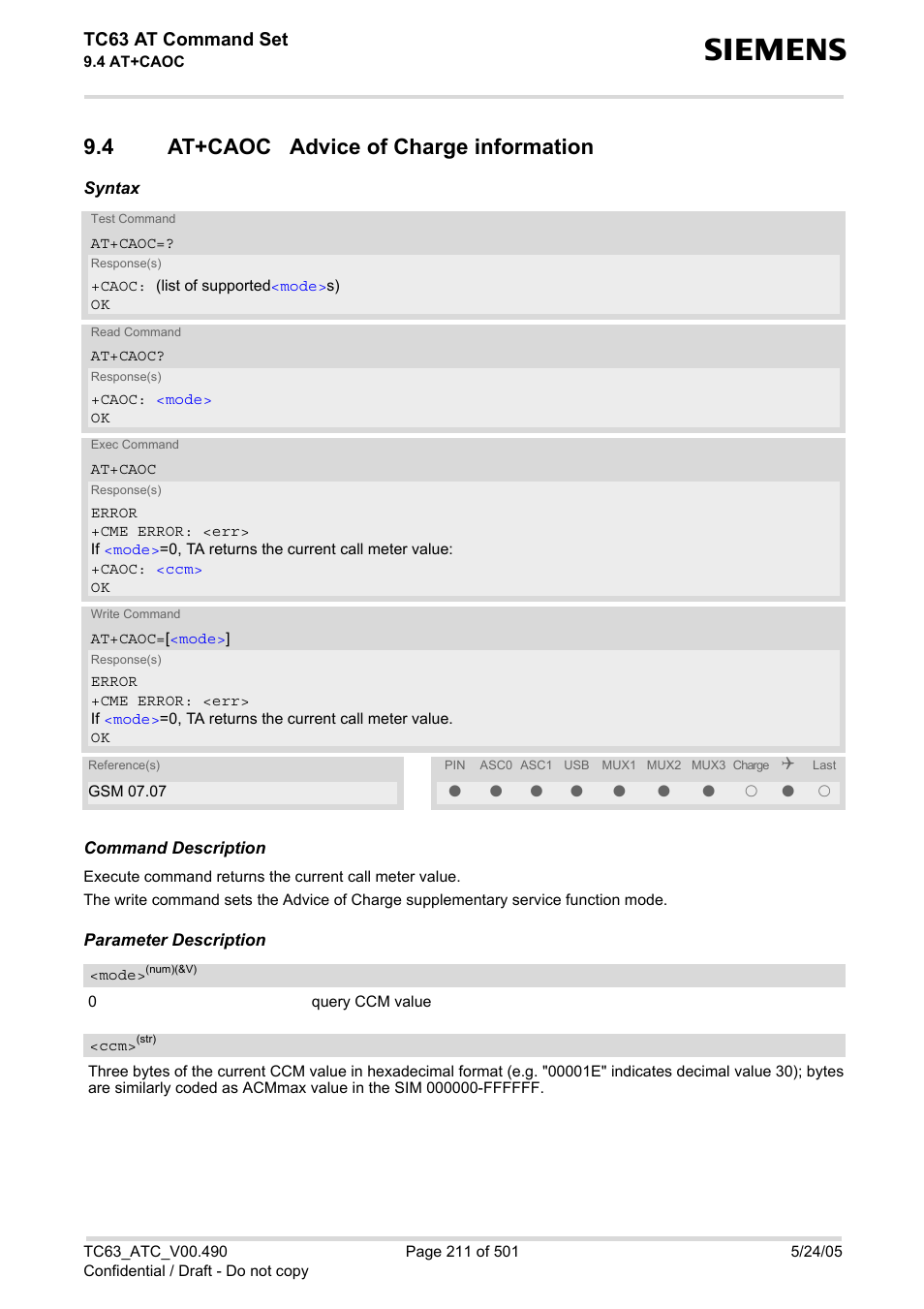 4 at+caoc advice of charge information, At+caoc advice of charge information, At+caoc | Tc63 at command set | Siemens TC63 User Manual | Page 211 / 501