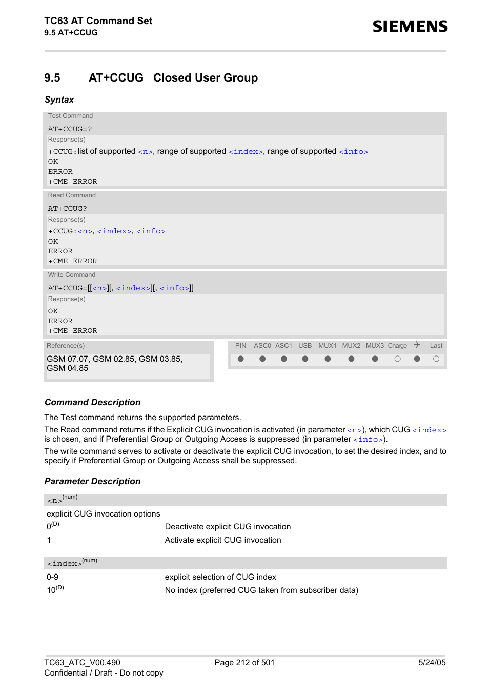 5 at+ccug closed user group, At+ccug closed user group, At+ccug | Comma, Index, Tc63 at command set | Siemens TC63 User Manual | Page 212 / 501