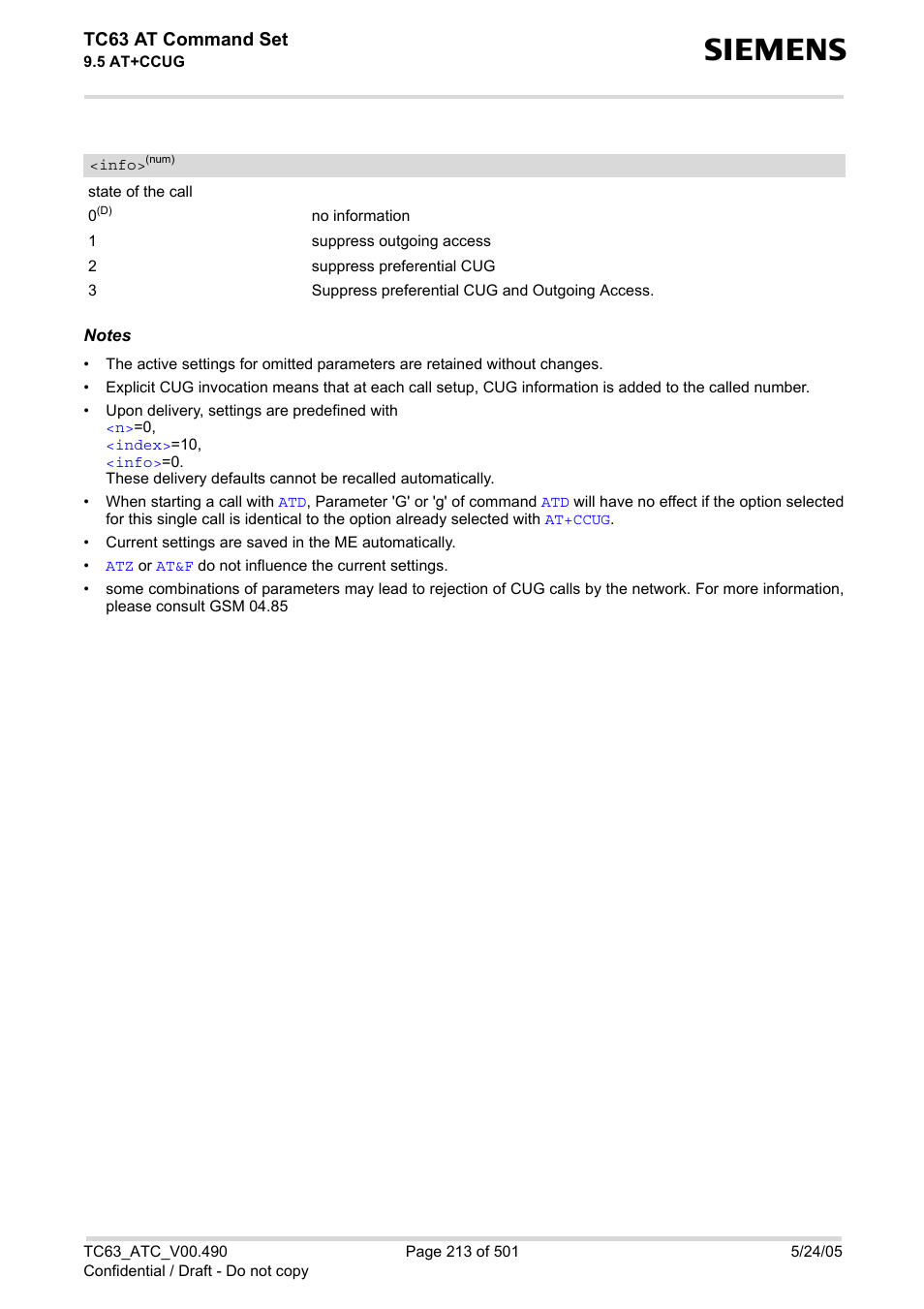 Info, Tc63 at command set | Siemens TC63 User Manual | Page 213 / 501