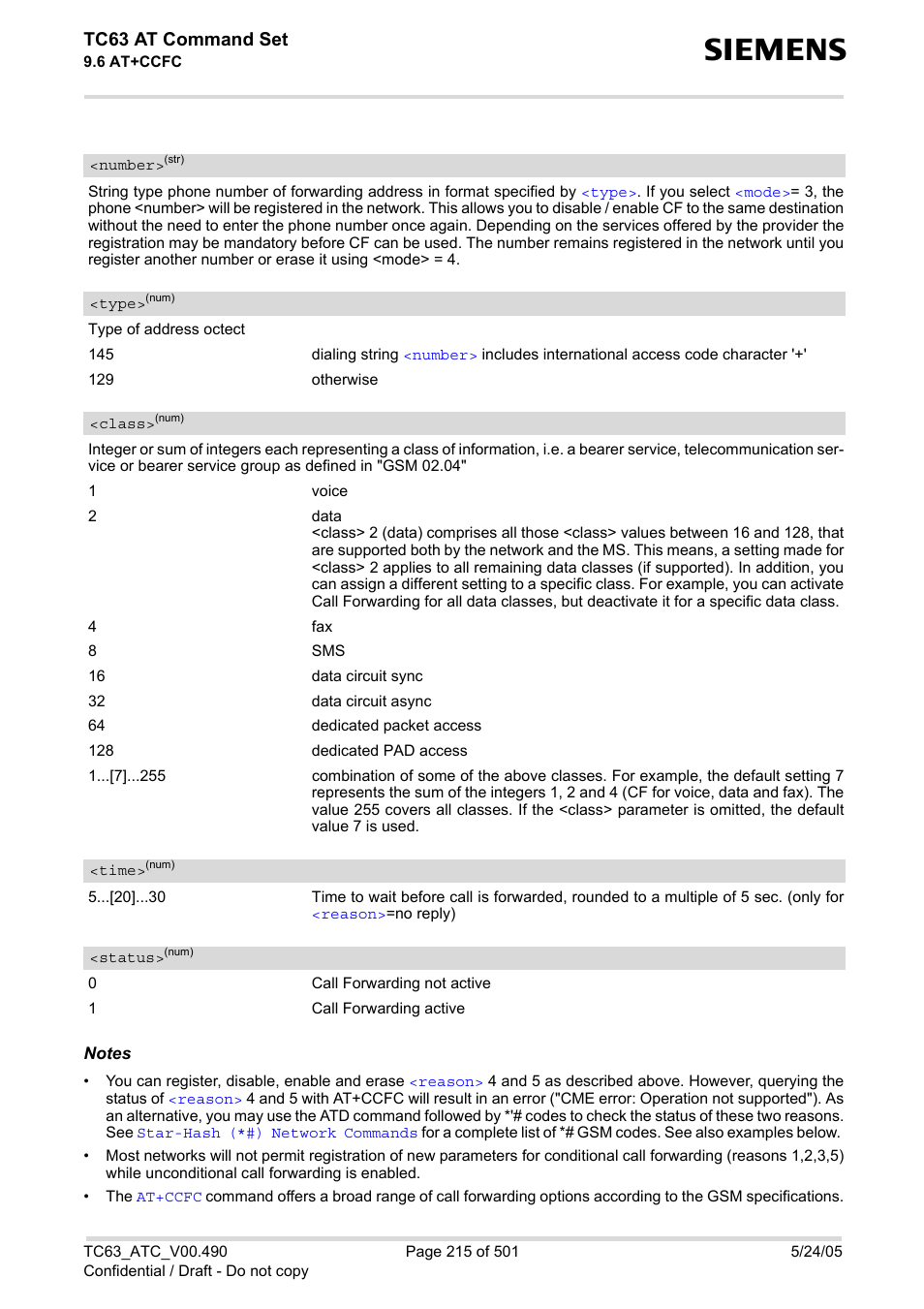 Number, Rase, Type | Class, Time, Ccfc, Status, Tc63 at command set | Siemens TC63 User Manual | Page 215 / 501