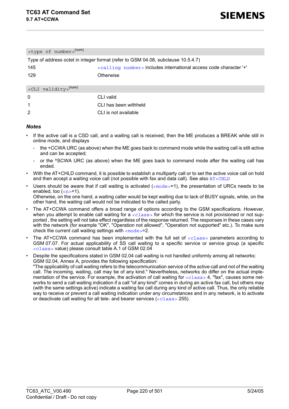 Type of number, Cli validity, Tc63 at command set | Siemens TC63 User Manual | Page 220 / 501