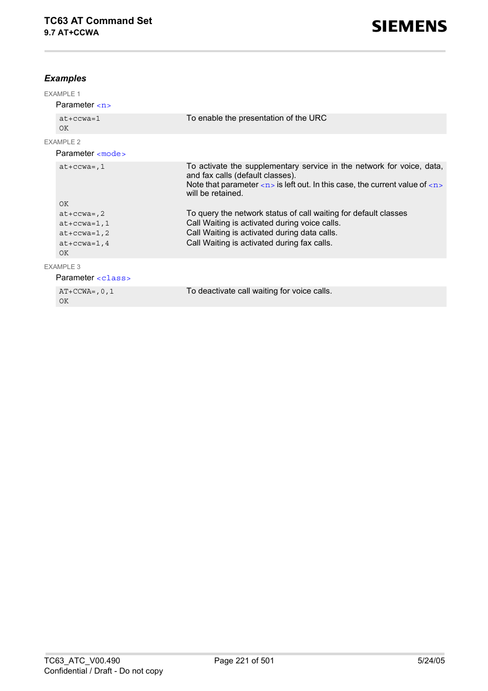 Tc63 at command set | Siemens TC63 User Manual | Page 221 / 501