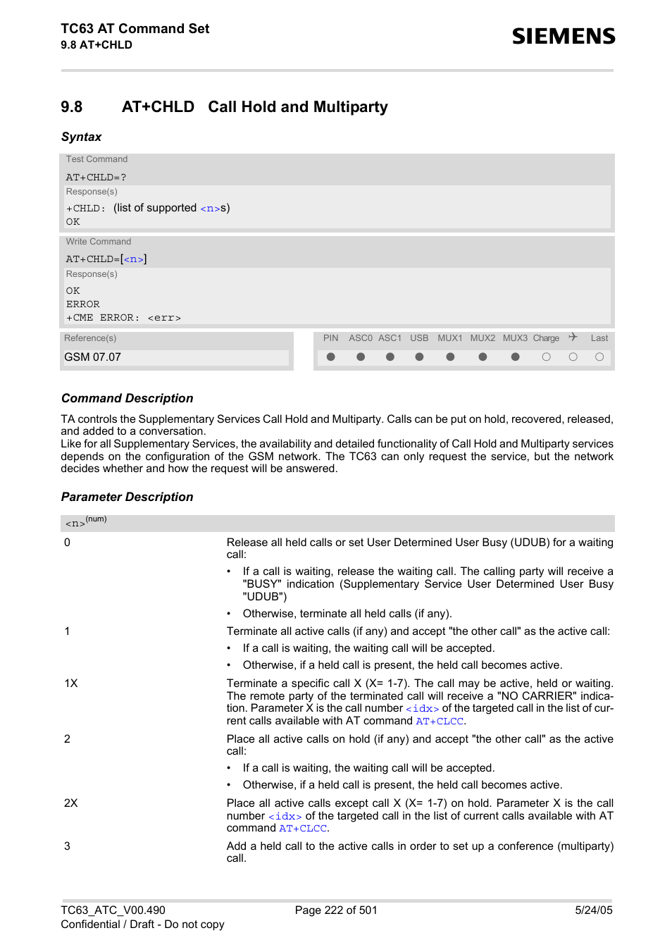 8 at+chld call hold and multiparty, At+chld call hold and multiparty, At+chld | Used in, Tc63 at command set | Siemens TC63 User Manual | Page 222 / 501