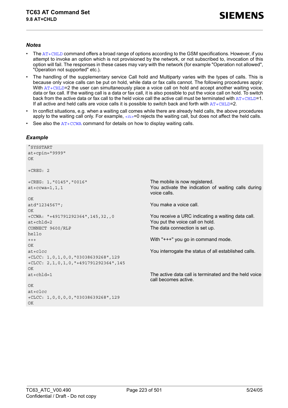 Tc63 at command set | Siemens TC63 User Manual | Page 223 / 501