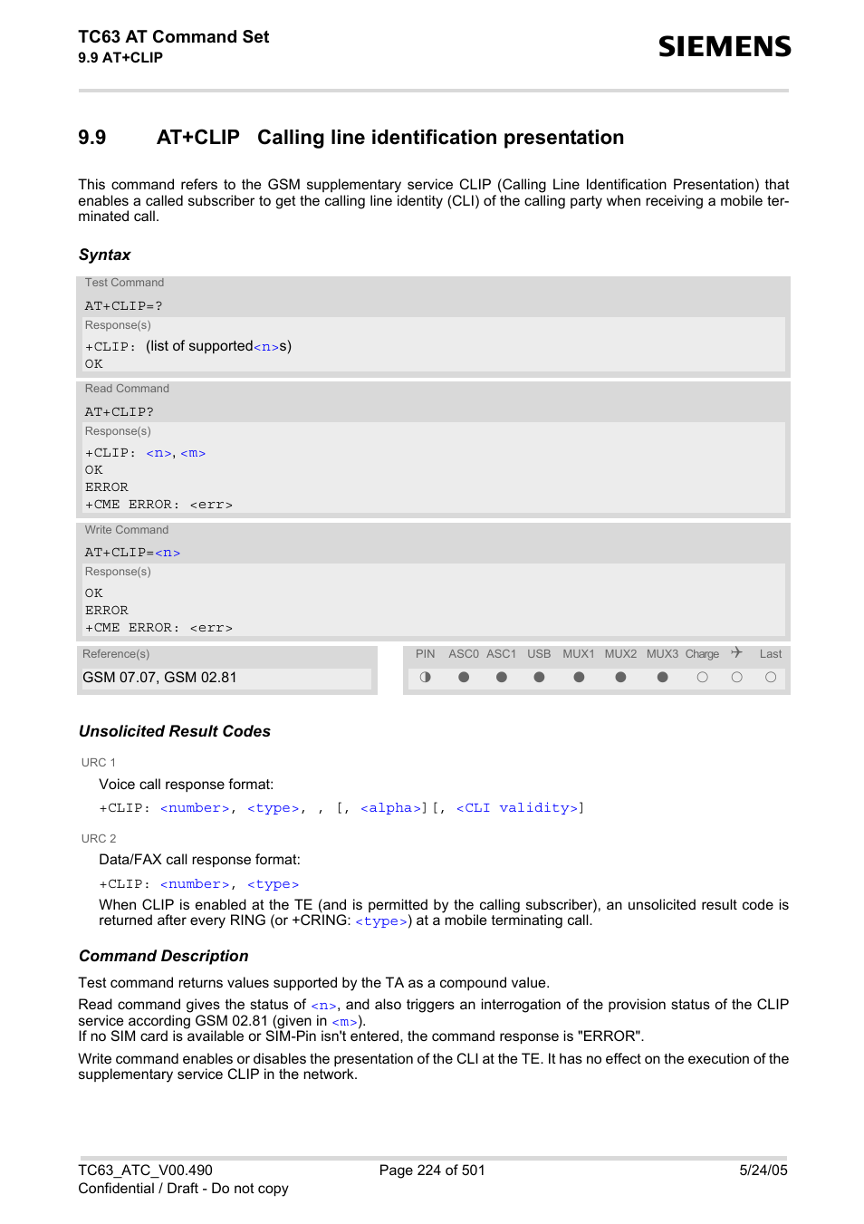 9 at+clip calling line identification presentation, At+clip calling line identification presentation, Tc63 at command set | Siemens TC63 User Manual | Page 224 / 501