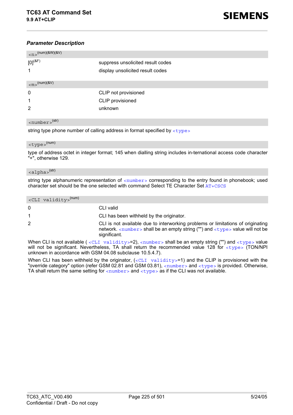 Number, Type, Alpha | Cli validity, Cring, Gives the status of, Clip, Tc63 at command set | Siemens TC63 User Manual | Page 225 / 501