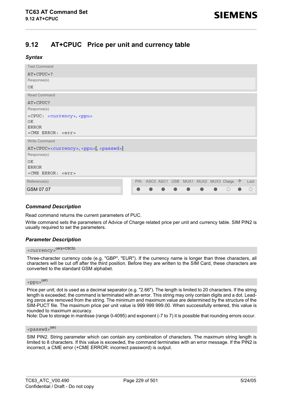 12 at+cpuc price per unit and currency table, At+cpuc, Tc63 at command set | Siemens TC63 User Manual | Page 229 / 501