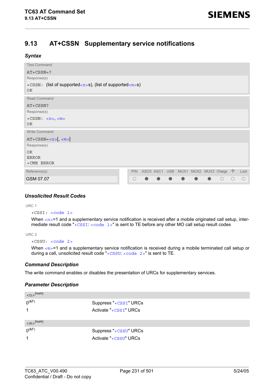 13 at+cssn supplementary service notifications, Tc63 at command set | Siemens TC63 User Manual | Page 231 / 501