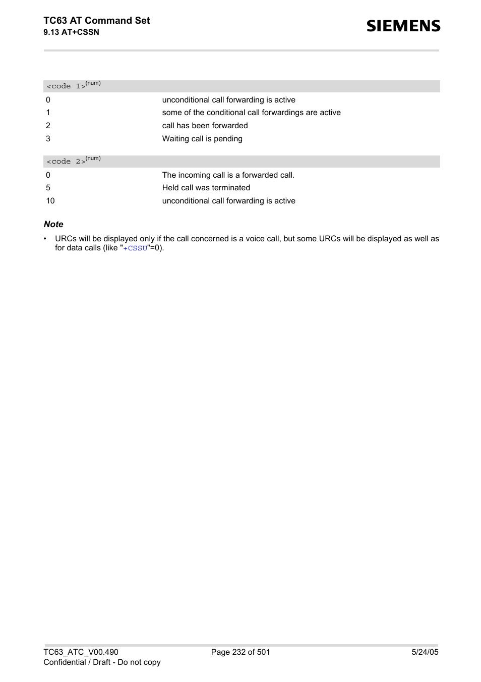 Code 1, Code 2, Tc63 at command set | Siemens TC63 User Manual | Page 232 / 501