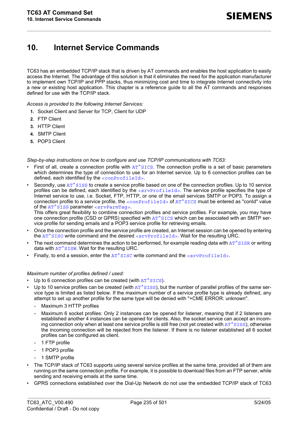 Internet service commands, Tc63 at command set | Siemens TC63 User Manual | Page 235 / 501