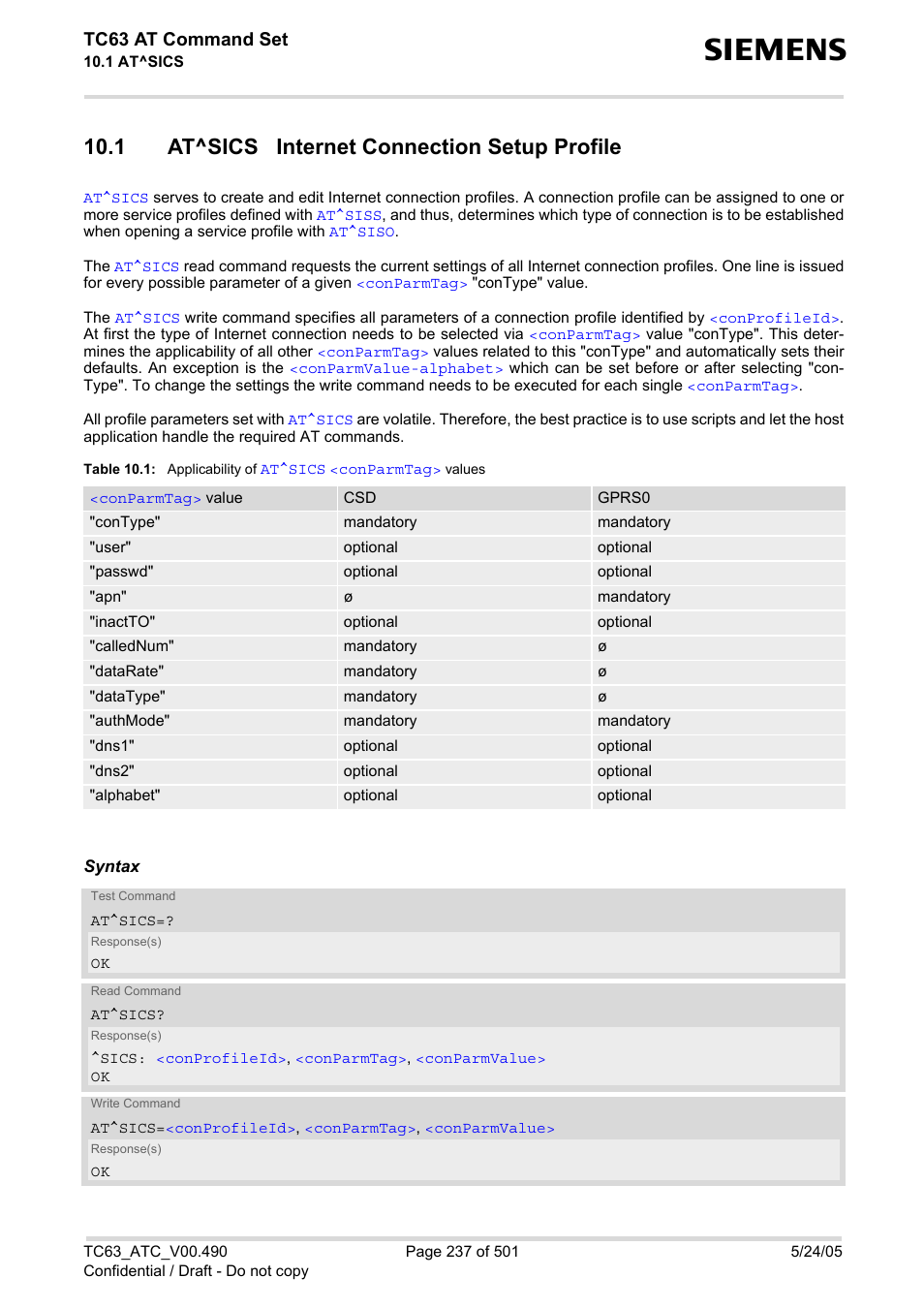 1 at^sics internet connection setup profile, Table 10.1, Applicability of | Ofile with, At^sics, Tc63 at command set | Siemens TC63 User Manual | Page 237 / 501