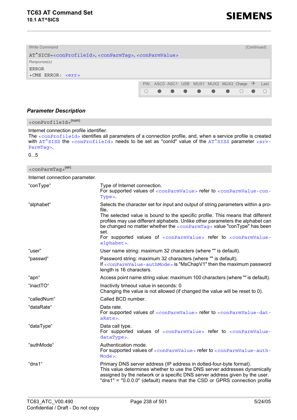 Conprofileid, Conparmtag, Lected via | Valu, Value, Sics, Tc63 at command set | Siemens TC63 User Manual | Page 238 / 501