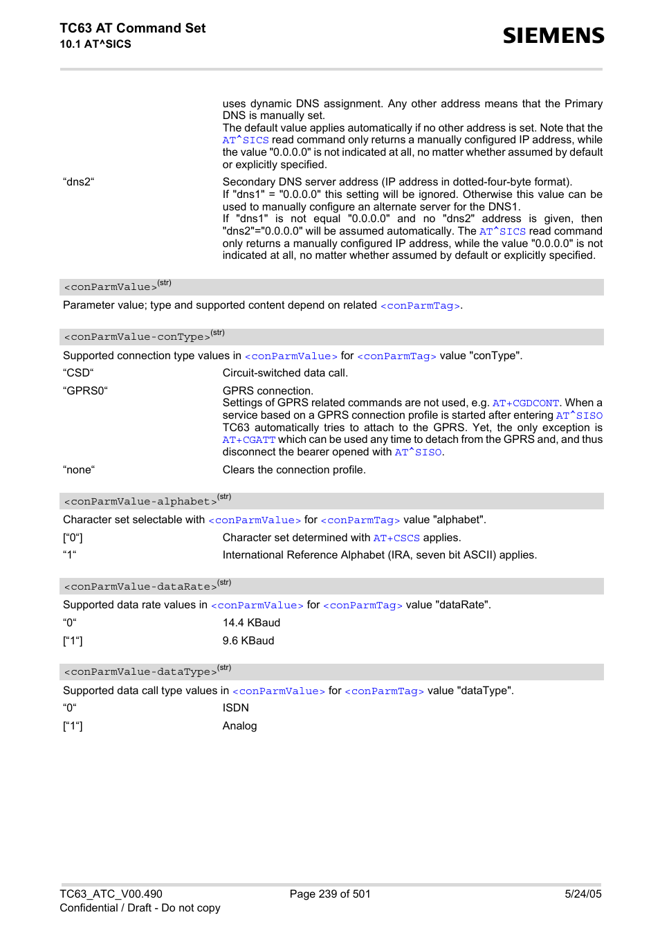 Conparmvalue-alphabet, Conparmvalue, R to | Conparmvalue-con, Type, Alphabet, Conparmvalue-dat, Arate, Datatype, Tc63 at command set | Siemens TC63 User Manual | Page 239 / 501